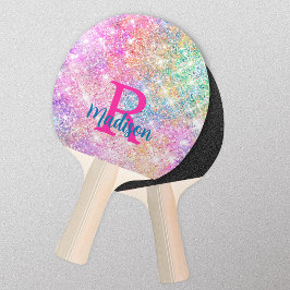 Pala De Ping Pong Monograma de imitación rosa de iridiscino blanco u