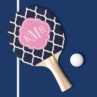 Pala De Ping Pong Monograma de la Marina Azul y Rosa Marroquí de Qua