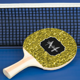 Pala De Ping Pong Monograma de lentejuelas doradas oscuras amarillas