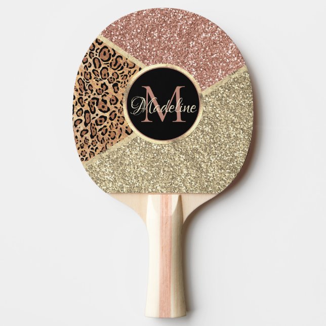 Pala De Ping Pong Monograma de leopardo Rosa dorado a rayas (Anverso)