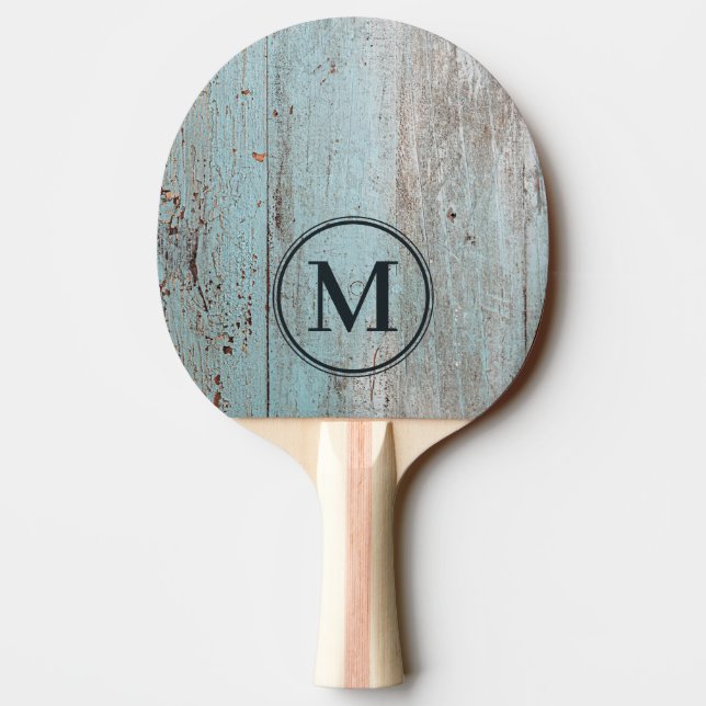 Pala De Ping Pong Monograma de Madera Pintado de Azul (Reverso)
