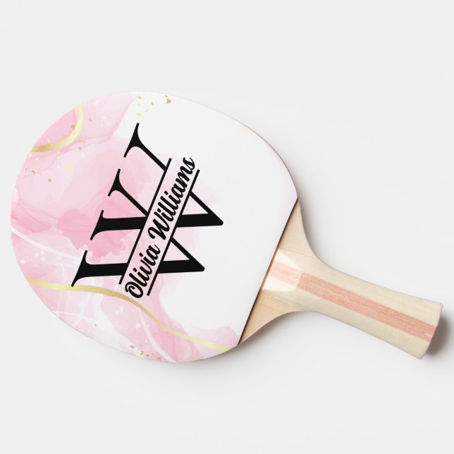 Pala De Ping Pong Monograma de mármol rosa | Purpurina Girly Modern  (Lateral)
