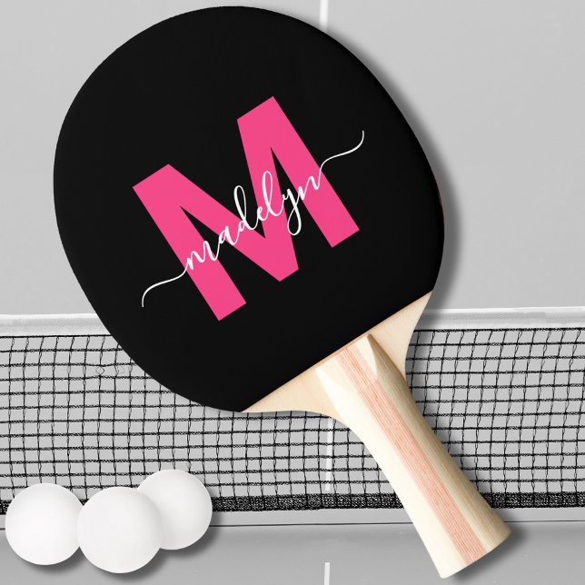 Pala De Ping Pong Monograma de nombre con letra script moderna rosa (Pink Modern Script Name Monogram Ping Pong Paddle)