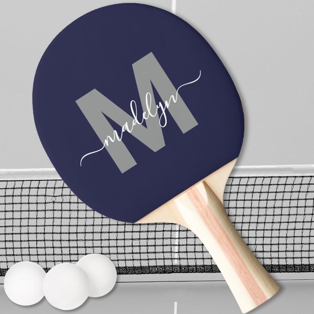 Pala De Ping Pong Monograma de nombre de guión elegante azul de la m (Navy Blue Elegant Script Name Monogram Ping Pong Paddle)