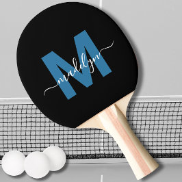 Pala De Ping Pong Monograma de nombre de guión elegante azul negro