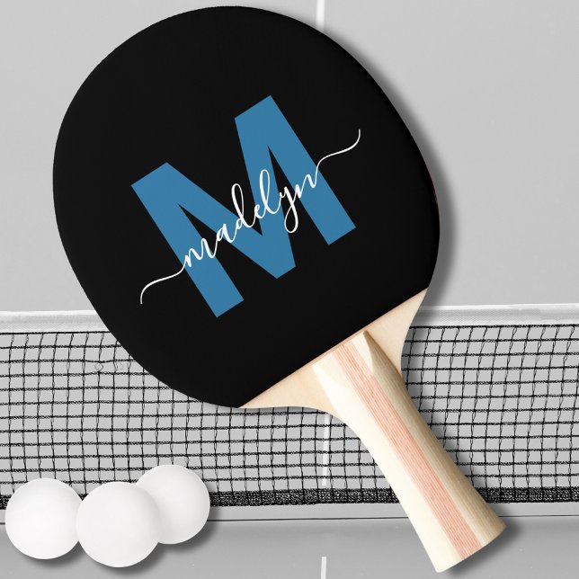 Pala De Ping Pong Monograma de nombre de guión elegante azul negro (Black Blue Elegant Script Name Monogram Ping Pong Paddle)