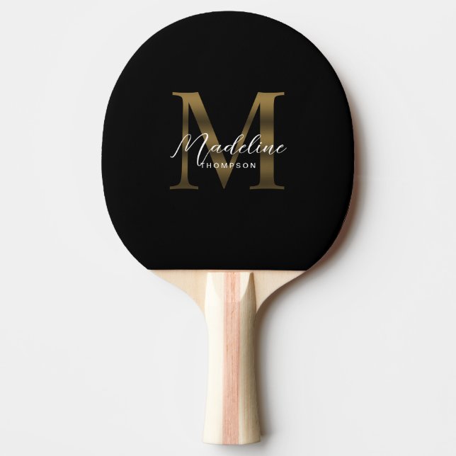 Pala De Ping Pong Monograma de oro negro metálico de escritura minim (Anverso)