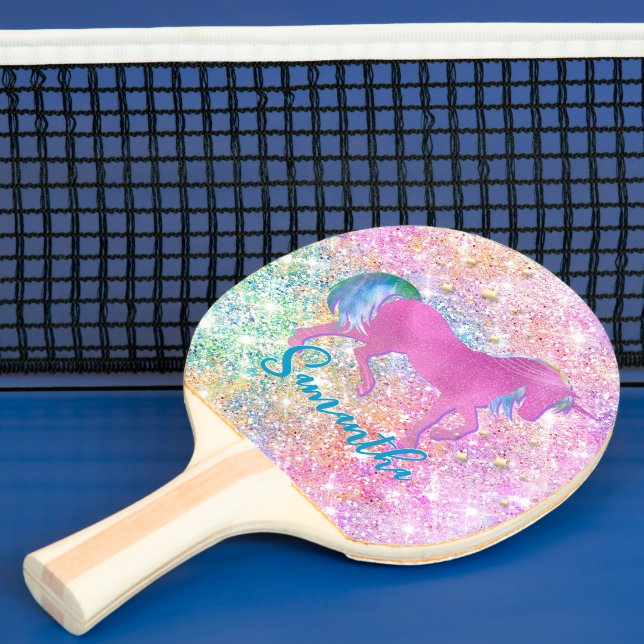 Pala De Ping Pong Monograma de Purpurina de unicornio arcoiris rosad (in situ)
