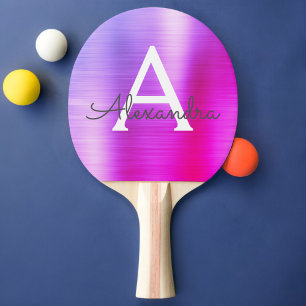 Pala De Ping Pong Monograma de Relieve metalizado metálico rosa púrp