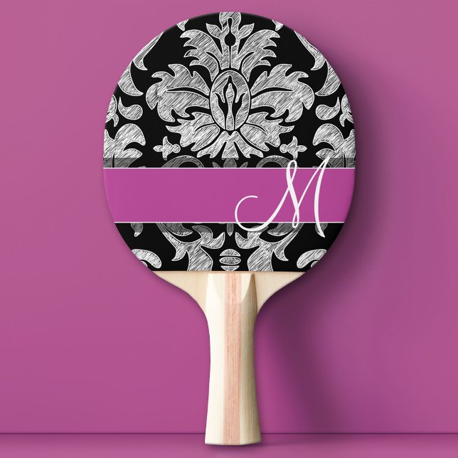 Pala De Ping Pong Monograma del patrón de encaje negro y blanco (Custom Ping Pong Paddle)