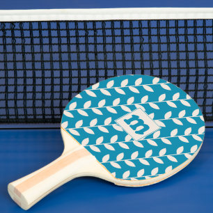 Pala De Ping Pong Monograma del patrón de hoja azul personalizado 70