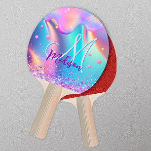 Pala De Ping Pong Monograma del purpurina de goteo de unicornio holo