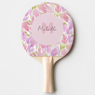 Pala De Ping Pong Monograma floral de color morado rosa de Fuchsia