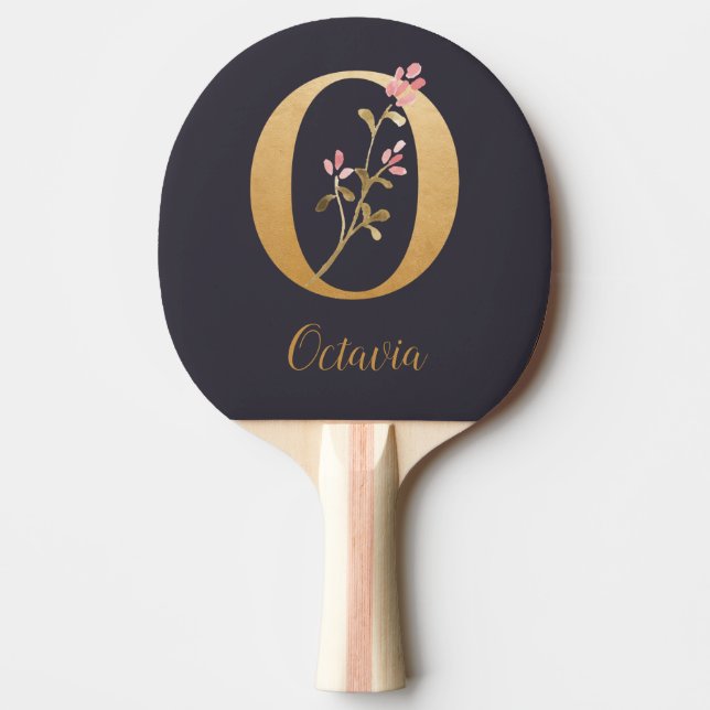 Pala De Ping Pong Monograma floral elegante de oro azul personalizad (Anverso)