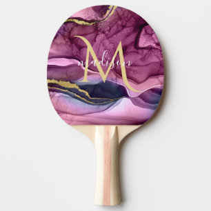 Pala De Ping Pong Monograma Geoda de Ágata Morado Rosa y Dorado