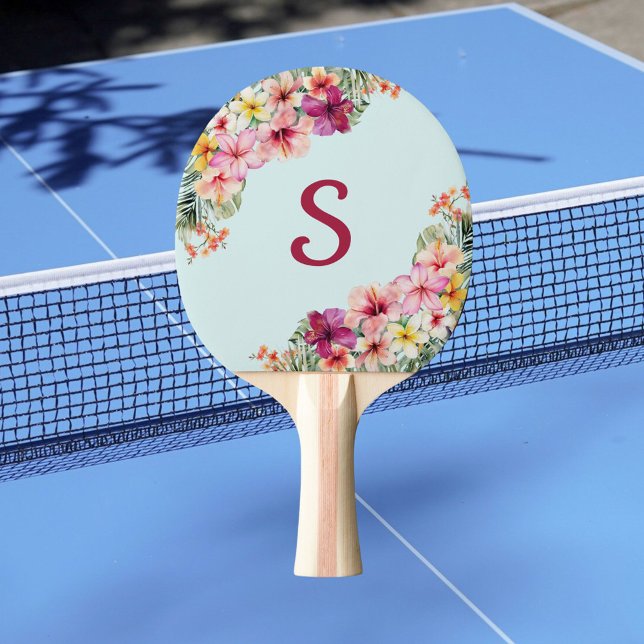 Pala De Ping Pong Monograma Hibiscus Pink Flores Tropicales Florales (In situ)