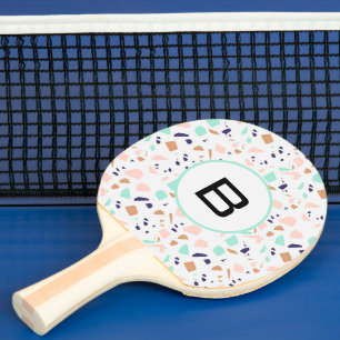 Pala De Ping Pong Monograma inicial de la menta blanquecina Terrazzo