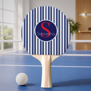 Pala De Ping Pong Monograma inicial de rayas rojas azul marino elega