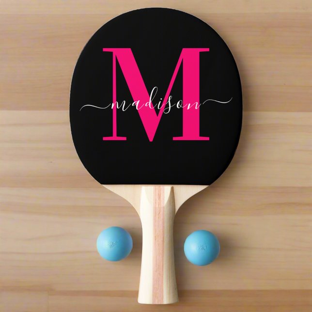 Pala De Ping Pong Monograma inicial negro y negrita rosado caliente (Subido por el creador)