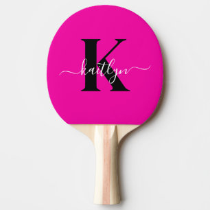 Pala De Ping Pong Monograma moderno de guión negro rosa caliente