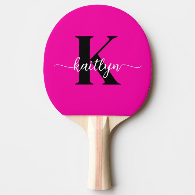 Pala De Ping Pong Monograma negro rosado caliente (Anverso)
