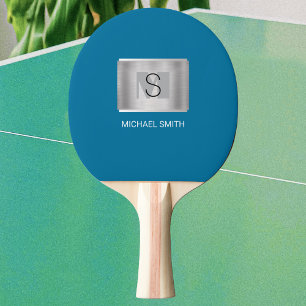 Pala De Ping Pong Monograma negro y gris, nombre blanco, plata, azul