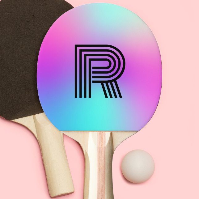 Pala De Ping Pong Monograma Neón Azul Rosa y Morado Ombre (retro neon pink blue purple monogram ping pong paddle)