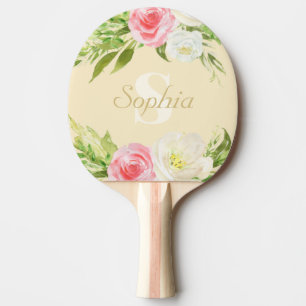 Pala De Ping Pong Monograma Nombre Color de la Agua Amarillo Flora