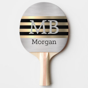 Pala De Ping Pong Monograma/Nombre DIY, Rayas Bk/Oro, Plata Bruñida
