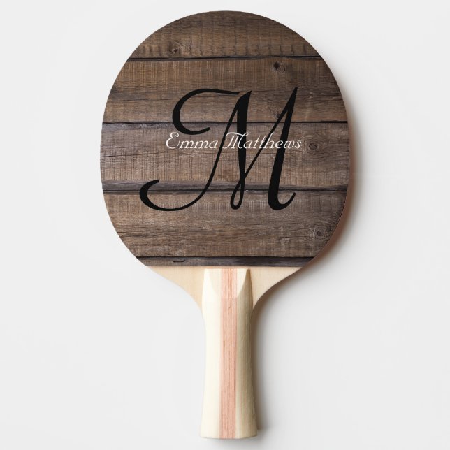 Pala De Ping Pong Monograma personalizado de madera rústica (Anverso)