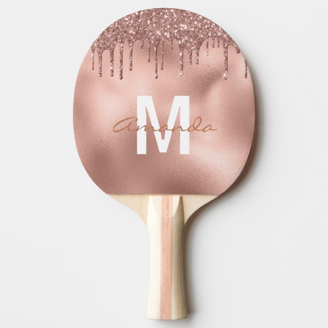 Pala De Ping Pong Monograma personalizado de Rosa Purpurina de oro (Anverso)
