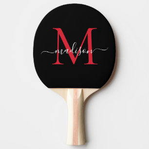 Pala De Ping Pong Monograma rojo negro de Borgoña Nombre de script e