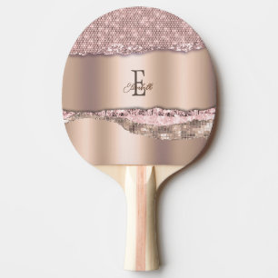 Pala De Ping Pong Monograma Rosa de oro de moda Purpurina de diamant