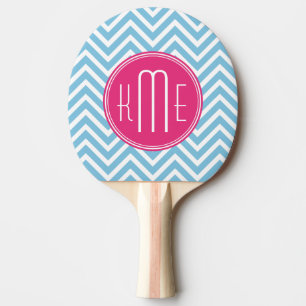 Pala De Ping Pong Monograma rosado magenta con Chevron azul claro