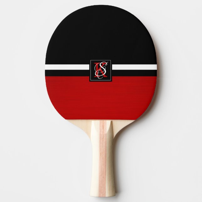 Pala De Ping Pong Monograma simple de dos tonos negro y rojo (Anverso)