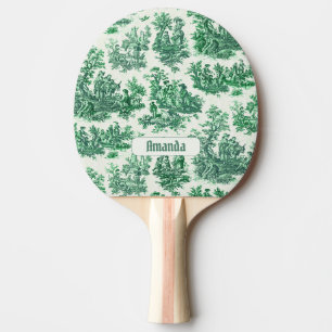 Pala De Ping Pong Monograma vintage de tela verde floral jouy