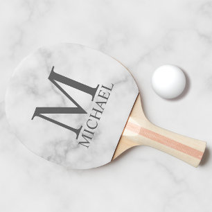Pala De Ping Pong Monograma y nombre personalizados de mármol blanc