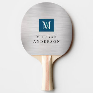 Pala De Ping Pong Monograma y nombre personalizados en blanco y azul