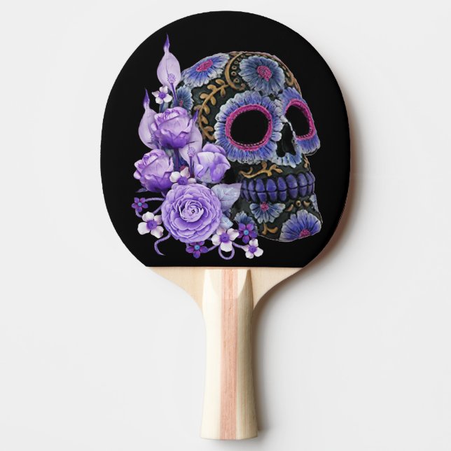 Pala De Ping Pong Morado Floral Black Sugar Skull Día De Los Muertos (Anverso)