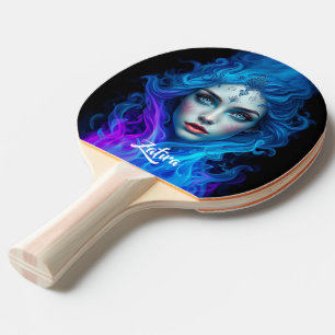 Pala De Ping Pong Mujer Misteriosa Emergente de Llamas Azules y Mora