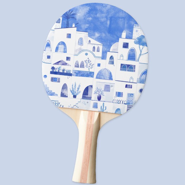 Pala De Ping Pong Municipio de Santorini Oia (Oia Santorini Greece blue and white watercolor art ping pong paddle)