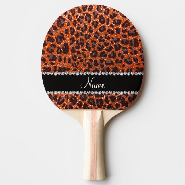 Pala De Ping Pong Naranja de nombre personalizado purpurina leopardo (Anverso)