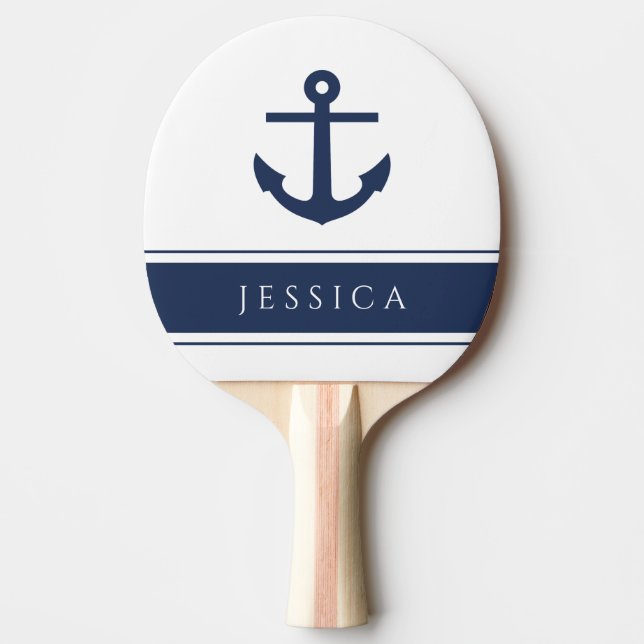 Pala De Ping Pong Nautical Anchor moderno Nombre personalizado Navy  (Anverso)