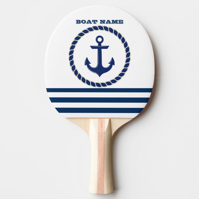 Pala De Ping Pong Nautical Boat Name,Anchor Naval Blue Stried (Anverso)