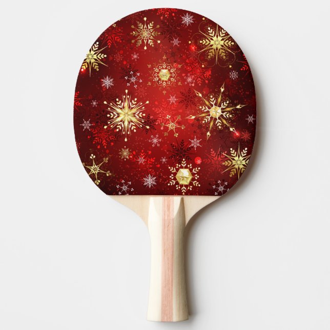 Pala De Ping Pong Navidades Copos de nieve dorados con fondo rojo (Anverso)