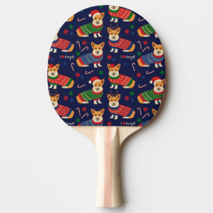 Pala De Ping Pong Navidades Corgis: Ilustracion festivo vintage.