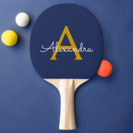 Pala De Ping Pong Navy Blue Gold Modern Script Girly Monograma Nombr