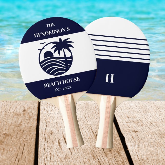 Pala De Ping Pong Navy Stripes Palm Tree Monogram Family Coastal (Subido por el creador)
