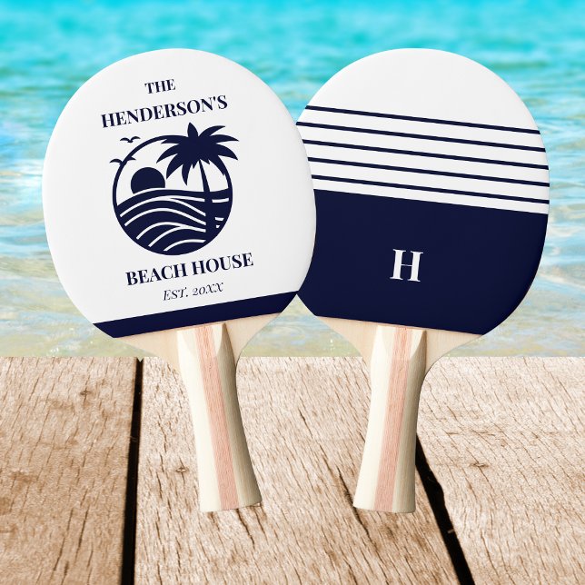 Pala De Ping Pong Navy Stripes Palm Tree Monogram Family Coastal (Subido por el creador)
