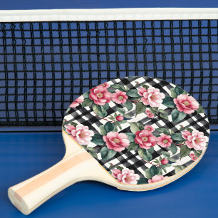 Pala De Ping Pong Negro y blanco con camellias de color rosa liso